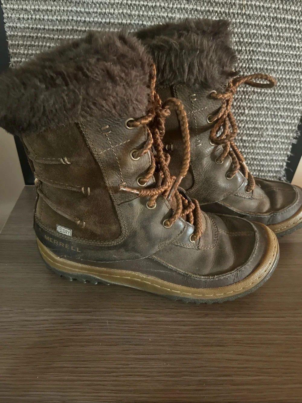 Merrell Brown Faux-Fur Collar Winter Lace-Up Boots